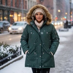 Steve Madden Forest Green Men's Puffer Jacket with Fur Hood